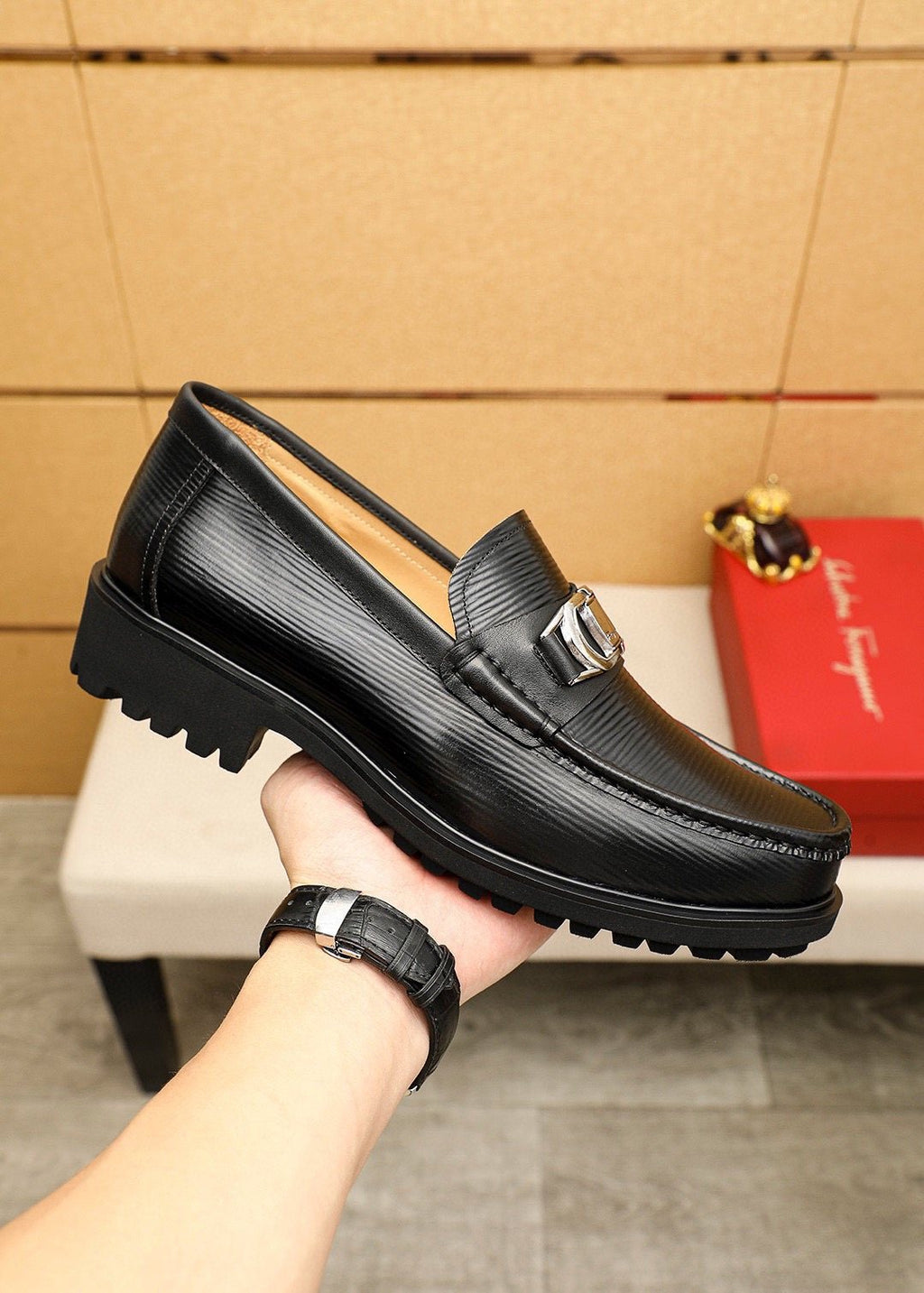Ferragamo Black Textured Buckle Loafers — model