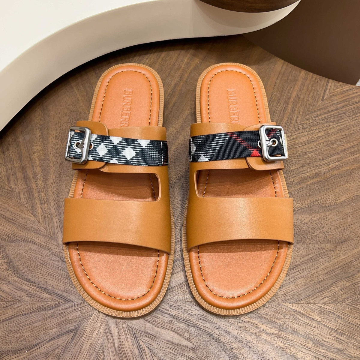 Burberry Plaid Buckle Slide Sandals — front