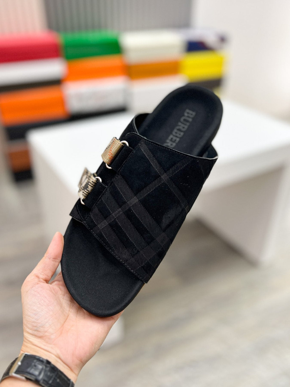 Burberry Check Buckle Slide Sandals — model
