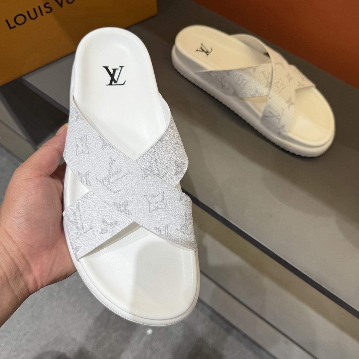 Louis Vuitton Light Gray Crossover Slide Sandals — model