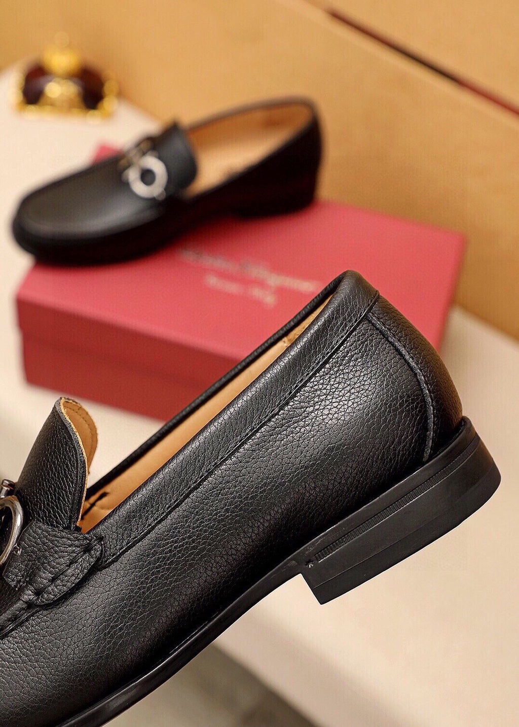 Ferragamo Black Pebbled Leather Loafers — detail